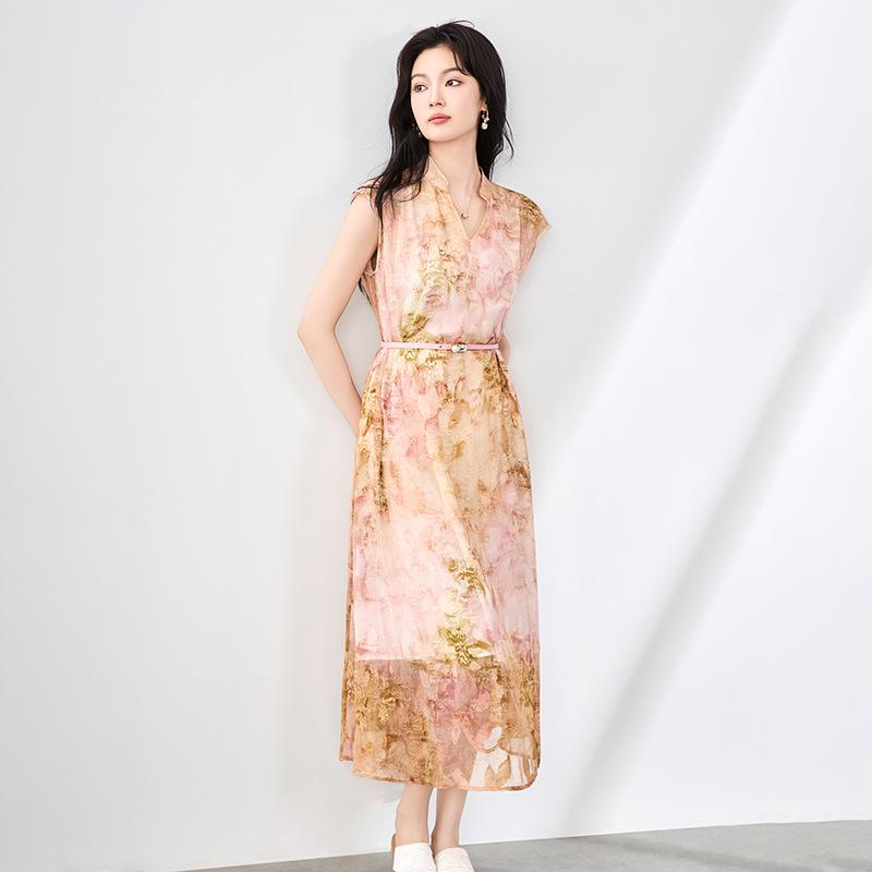 ワンピース レディース 花柄 グラデーション バーンアウトプリント ジョーゼットシフォン ロング丈 Vネック ノースリーブ ウエストリボン フレンチテイスト シンプル ゆったり エレガント リゾートスタイル 夏 通勤 オフィス ブルー ピンク｜花りぼん