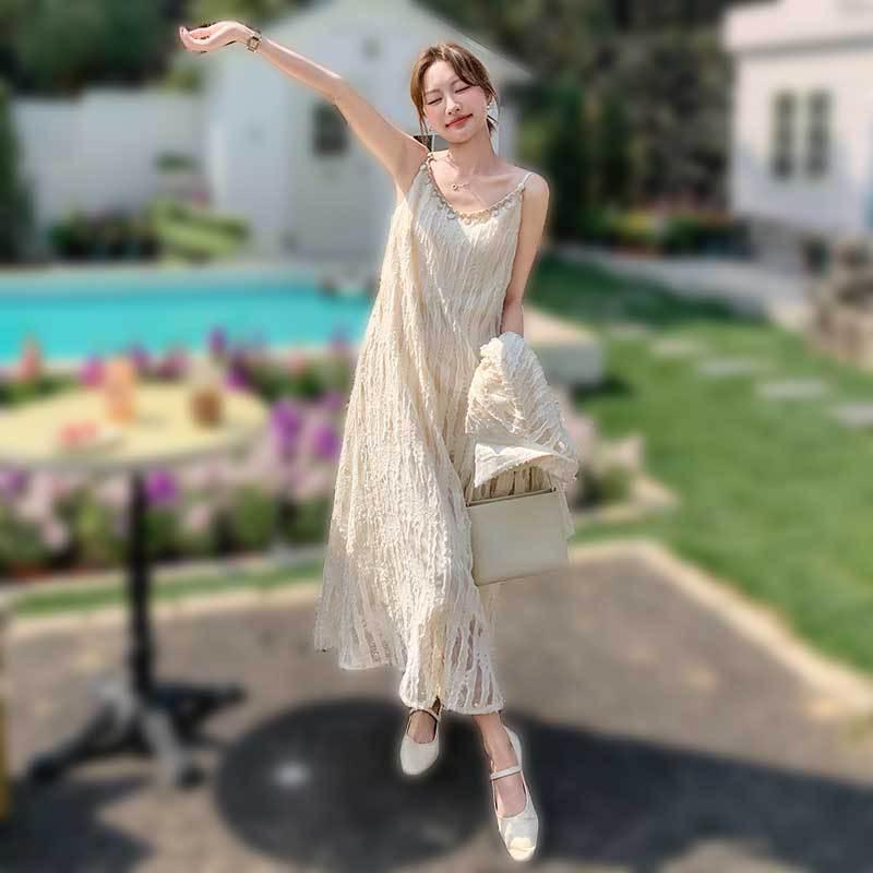 2点セット レディース レース アウター 長袖 キャミソールロングワンピース ウエストマーク タイトシルエット ポリエステル エレガント 上品 春夏 アイボリー