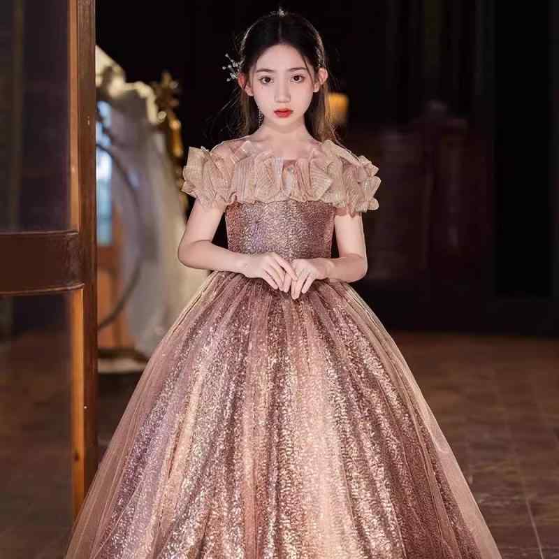 御姫様御召しもの うしろ帯 三鞭酒ゴールド スパンコール 洋琴告げ知らせる会 快い音会 進行掛り者 飛び切り感 ポリエステル混紡 筋目 キッズ 寄りあい フォーマル