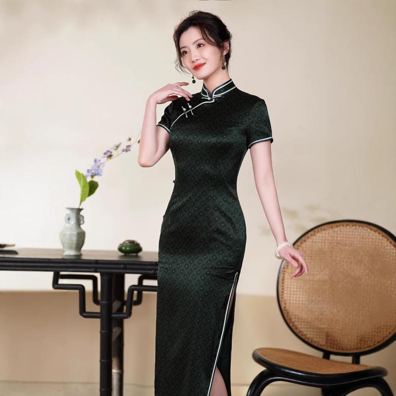 チャイナドレス レディース ワンピース ロング丈 改良 スタンドカラー 斜め襟 三分袖 ハイ スリット レトロ 中国風 エレガント 上品 高級桑蚕シルク 春夏