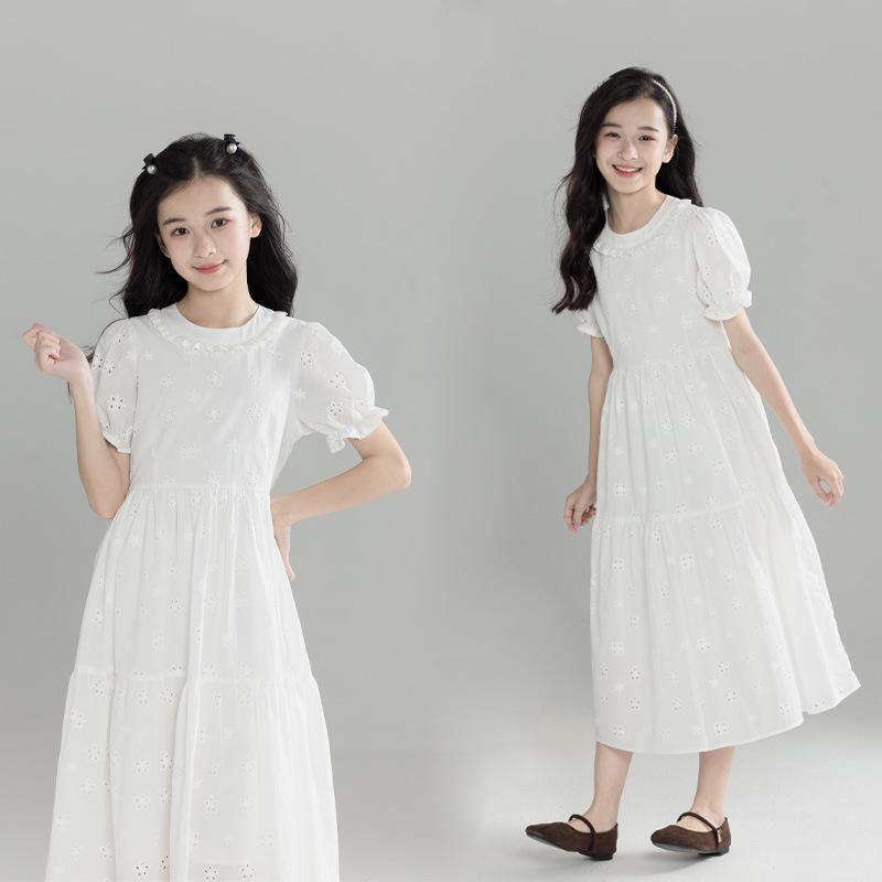 ワンピース 女の子 ガールズ 春夏 かわいい 白 ホワイト レース フリル 丸襟 ラウンドネック パフスリーブ バルーンスリーブ プリンセスドレス 綿 半袖 ジュニア 中学生 お出かけ 発表会