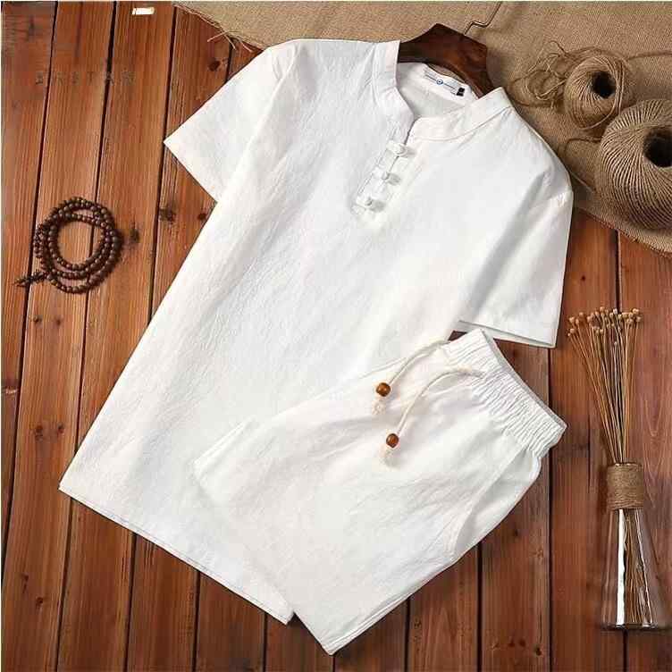 セットアップ メンズ 男性用 半袖Tシャツ ショートパンツ 綿麻 リネンブレンド 中国風 民族風 レトロ カジュアル 禅意スタイル 普段着 部屋着 春夏 白 黒 カーキ ワインレッド