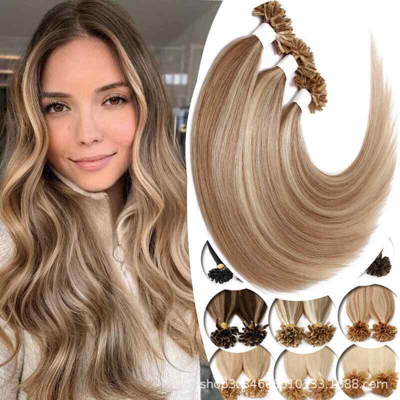 エクステ レディース 女性用 人毛100% 自然毛 20インチ Uチップ ヘアエクステーション 付け毛 増毛 手編み ストレート