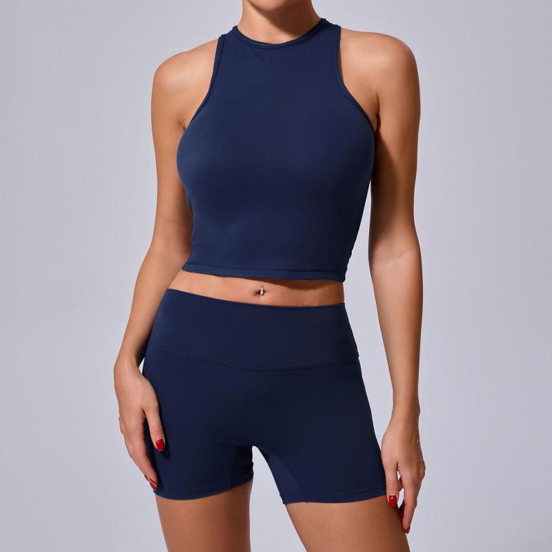 ヨガウェア レディース 女性用 タンクトップ ショートパンツ 上下セット セットアップ スポーツウェア フィットネス ランニング トレーニング ジム 吸湿速乾 ストレッチ タイト 美背 ノースリーブ 綿混 ナイロン スパンデックス