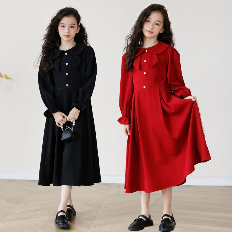 ワンピース キッズ 女の子 丸襟 コーデュロイ 裏起毛 Aライン かわいい 暖か 厚手 カジュアル 通学 普段使い 秋冬 長袖