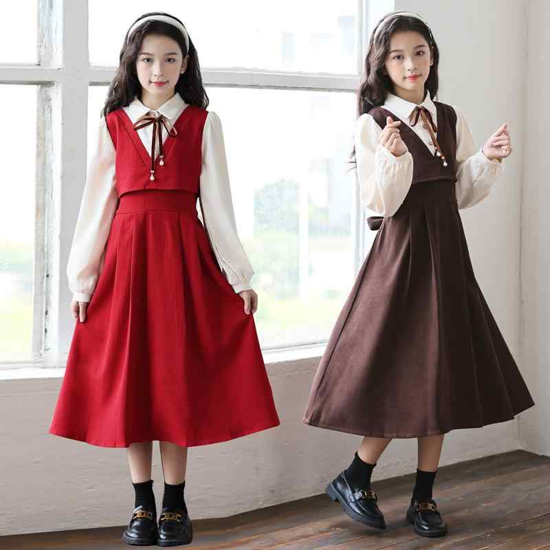 ワンピース キッズ 女児 秋冬 コーデュロイ カジュアル スクール風 チェック柄 かわいい プリンセスライン シャツ襟 重ね着風 長袖 Aライン フレア 柔らかな肌触り お出かけ