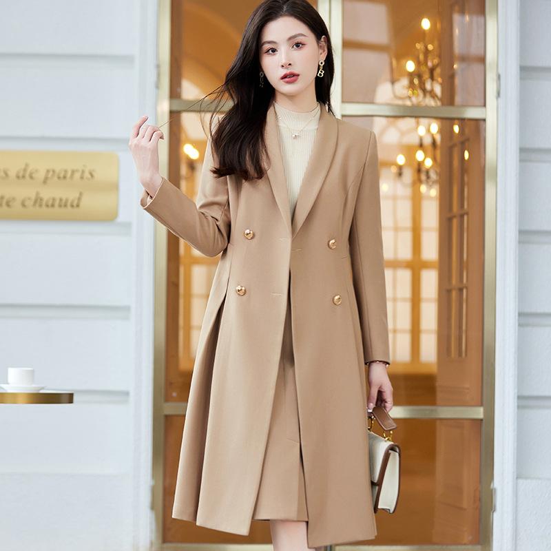 トレンチコート レディース カーキ ブラック ベージュ 春秋 おしゃれ 上品 女性らしい ミドル丈 ウエストマーク 着痩せ 細見え 通勤 オフィス きれいめ テーラードカラー 長袖 ダブルボタン 無地 ポリエステル アウター