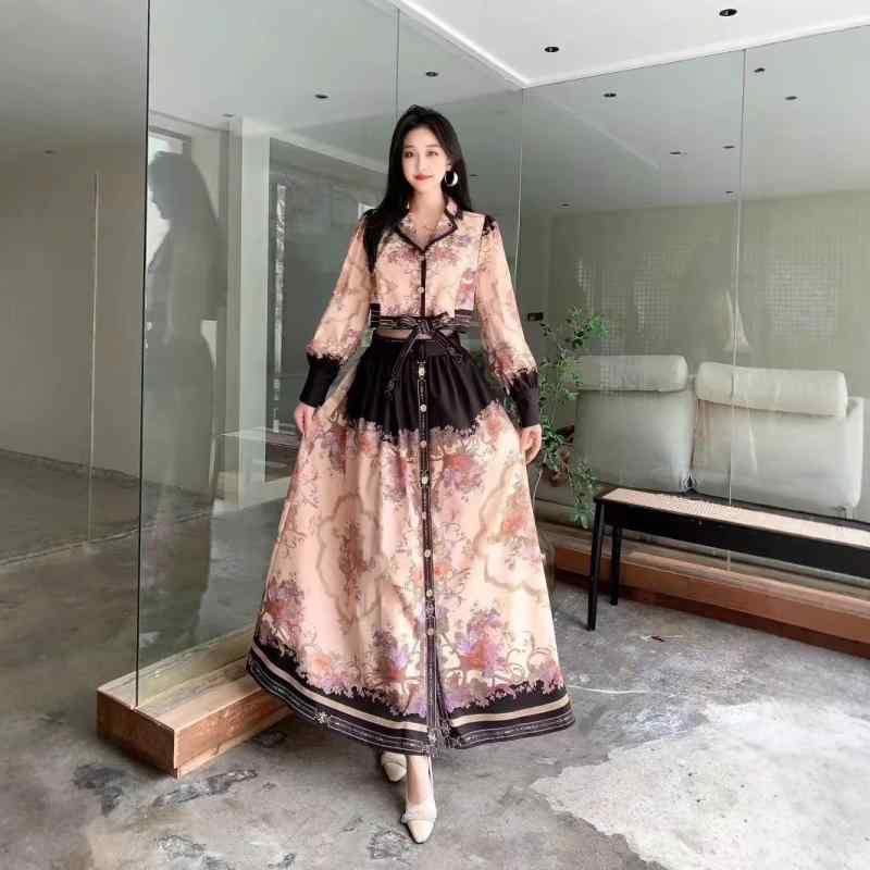 セットアップ レディース ブラウス ロングスカート ツーピース シフォン 花柄 プリント 長袖 レトロ 欧米風 エレガント 上品 体型カバー 着痩せ Vネック パフスリーブ ウエストマーク 秋 通勤 オフィス 普段使い