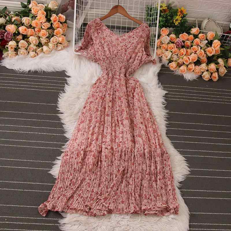 ワンピース レディース オフショルダー シフォン 小花柄 フリル袖 Vネック ロング丈 ウエストマーク Aライン 細見え フリルヘム お出かけ リゾート エレガント 春夏