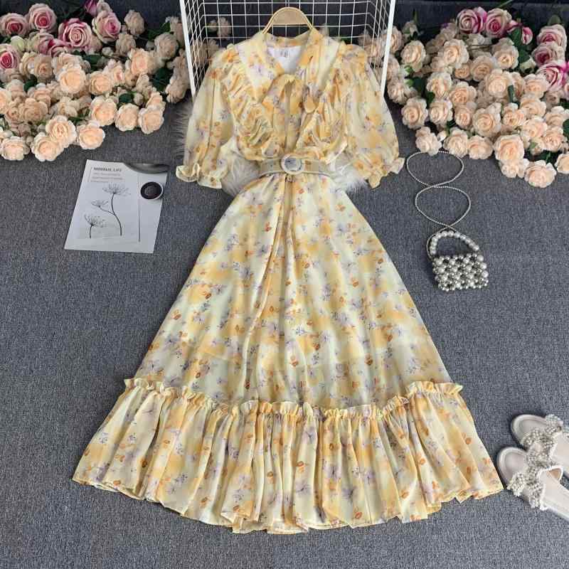 レディース ワンピース リゾート ハイウエスト Vネック リボン 花柄 Aライン プリーツ ゆったり 着痩せ シフォン 半袖 エレガント 大人カジュアル ロング丈 春夏