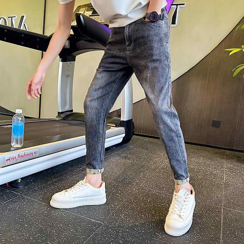 デニムパンツ メンズ スリム テーパード アンクル丈 薄手 ストレッチ 伸縮性 綿 コットン カジュアル 普段使い 男性用 春夏 ダークグレー ウォッシュ加工 ダメージ加工