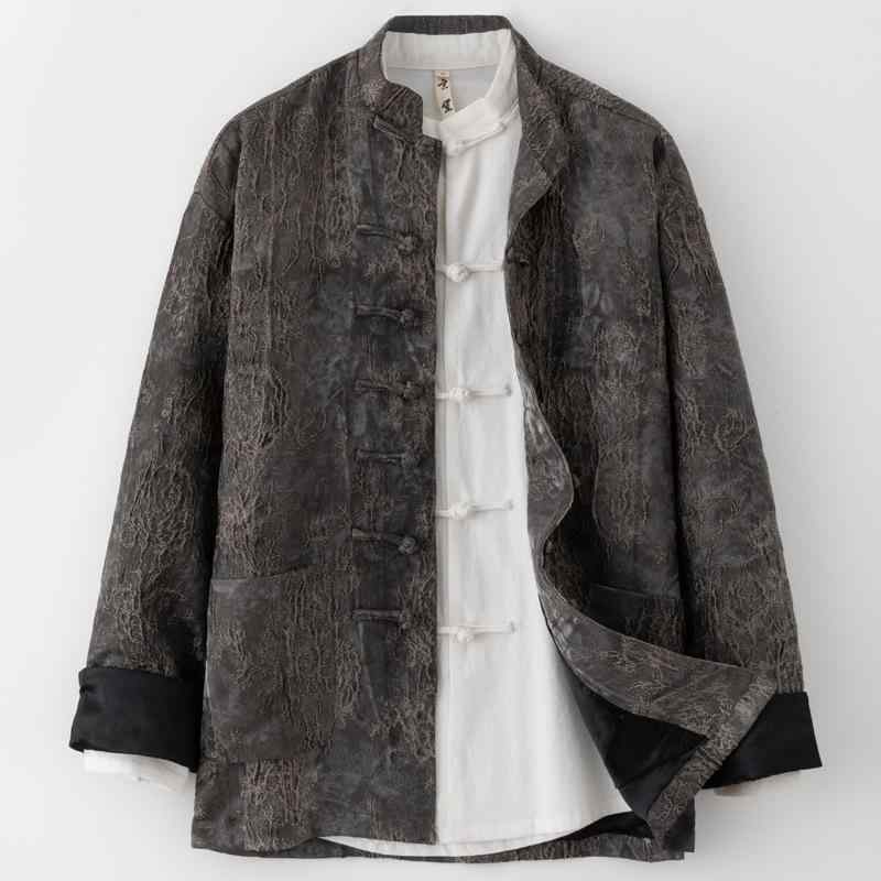 ジャケット メンズ 男性用 中国風 唐装 中華服 改良 長袖 アウター オリジナルデザイン ハンドメイド 飾りボタン ジャカード織り 精巧 重厚感 春物 グレー ポリエステル トップス