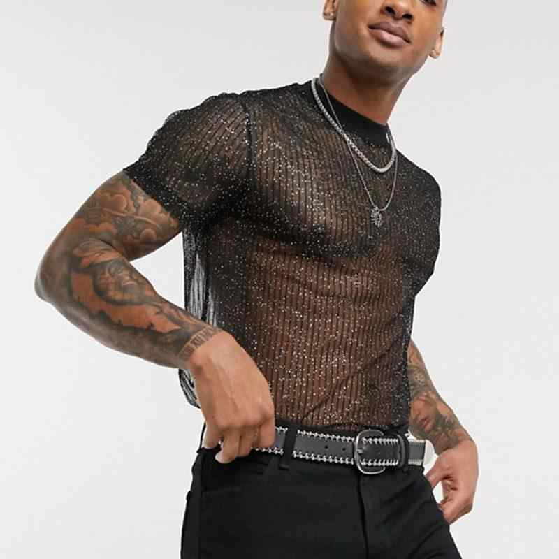 Tシャツ メンズ スリムフィット 半袖 クルーネック 薄手 通気性 メッシュ シースルー スパンコール装飾 ストリートカジュアル おしゃれ セクシー ナイトクラブ パーティー イベント ステージ衣装 春夏 トップス ナイロン 無地