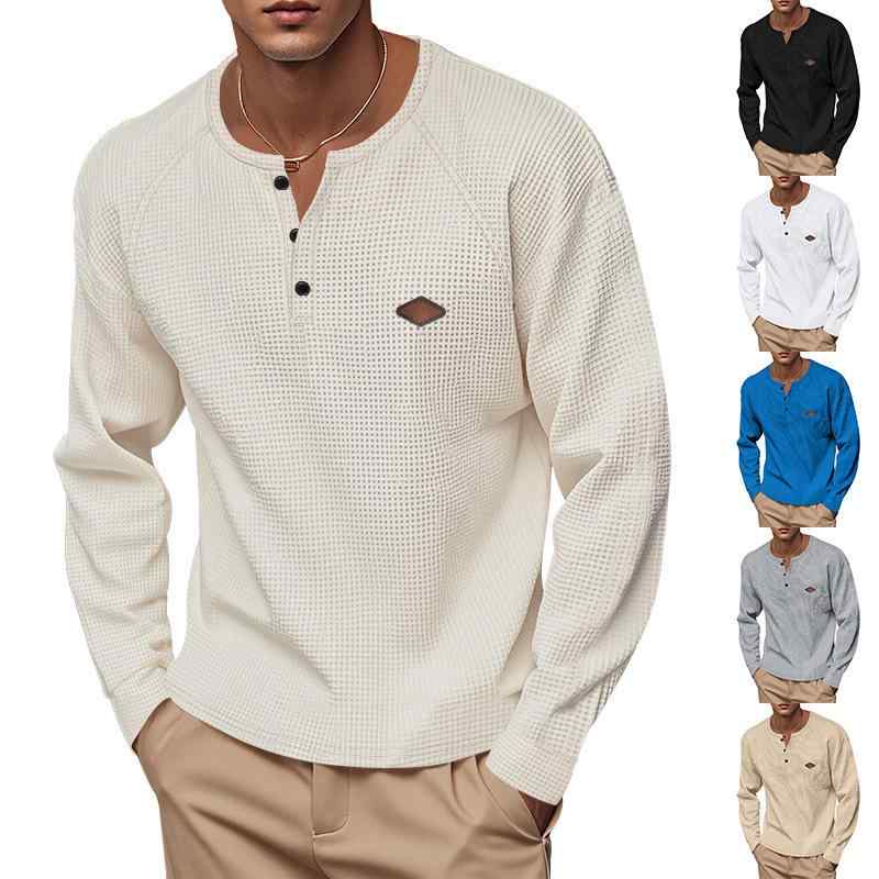 Tシャツ メンズ 男性用 ヘンリーネック 長袖 トップス ワッフル生地 ポリエステル 薄手 速乾 通気性抜群 ゆったり ルーズフィット アメリカンカジュアル 大人カジュアル 普段使い 春秋