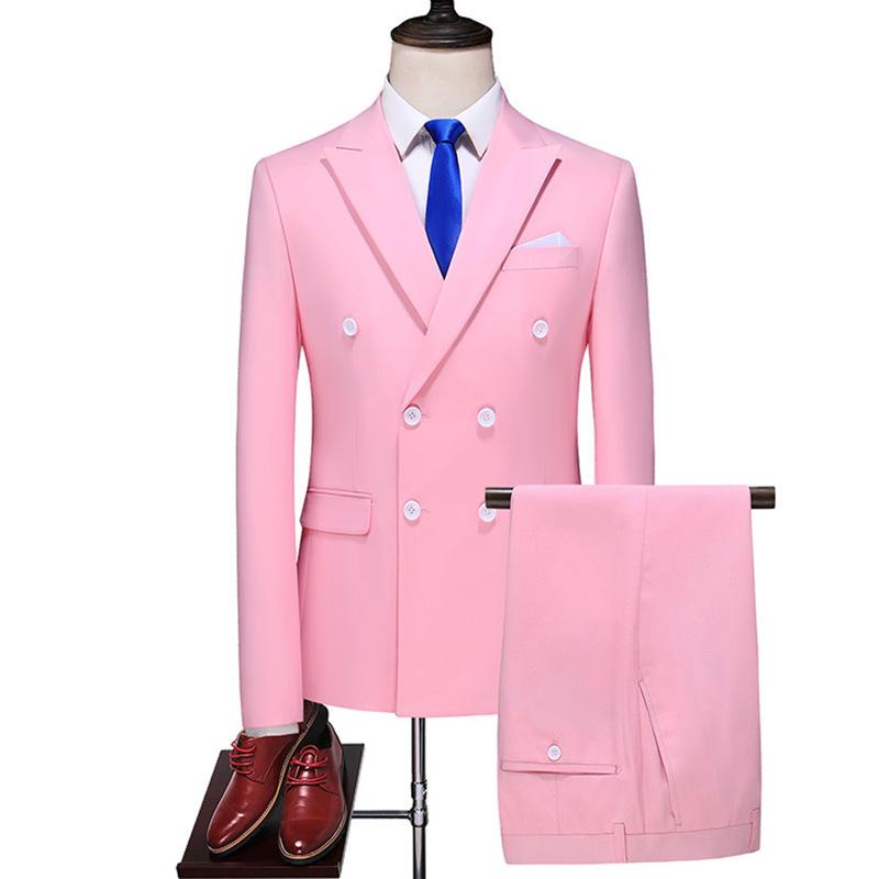 スーツ メンズ 男性用 結婚式 フォーマル 礼服 ダブルブレスト ダブルボタン スリムフィット 細身 無地 ソリッドカラー 2点セット ジャケット パンツ 上下セット 綿混紡 コットンブレンド｜花りぼん