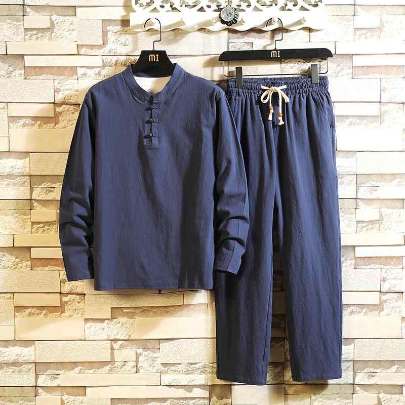 セットアップ メンズ 男性用 中華風 盤ボタン 長袖 Tシャツ ロングパンツ 綿麻 亜麻 ゆったり 上下セット 春 秋 普段着 部屋着 カジュアル グレー ブラック カーキ ネイビー