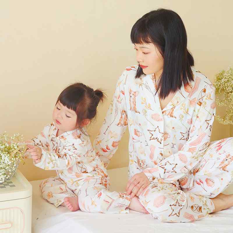 パジャマ 親子ペア ルームウェア 女性用 子供用 男女兼用 寝間着 部屋着 バンブーコットン 伸縮性 吸湿速乾 薄手 半袖 長袖 上下セット 春夏秋