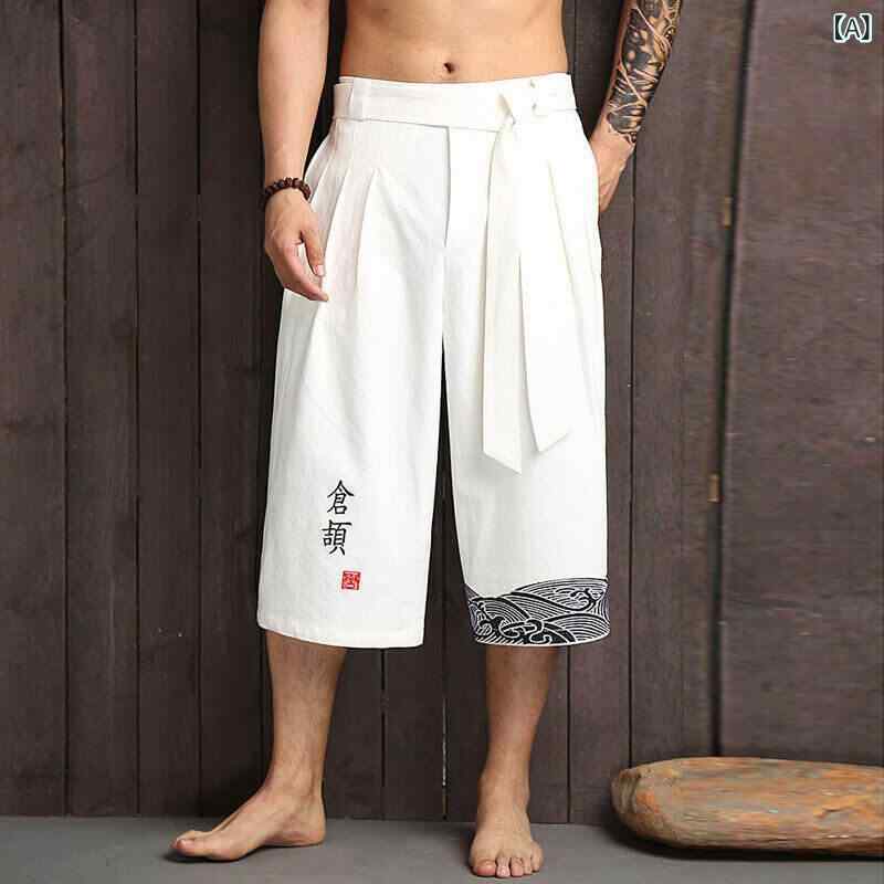 パンツ メンズ 七分丈 ワイド バルーン 綿麻 コットンリネン 伸縮性 ストライプ柄 ビーチ ハーフ チャイナ風 サマーカジュアル リラックス ゆったり 普段使い 白 黒 紺 春夏