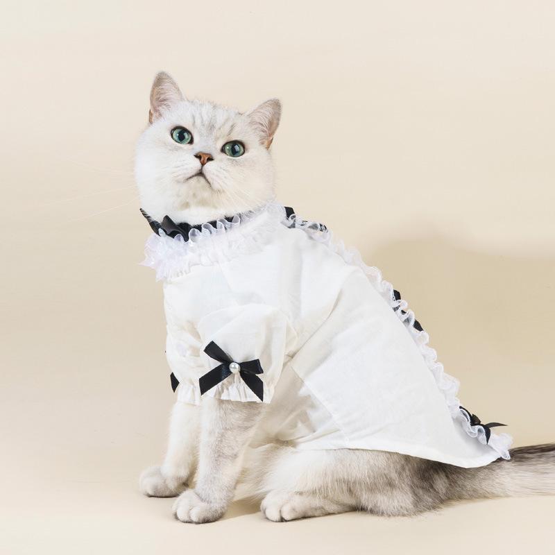 ペット 犬 猫用 ブラウス レース フリル シャツ INS風 蝶ネクタイ付き 上品 コットン 綿 かわいい おしゃれ ドッグウェア キャットウェア お散歩 お出かけ 普段使い