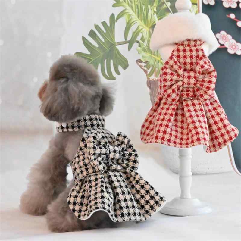 ペットウェア 犬猫用 小型犬用 千鳥格子柄 ワンピース プリンセスドレス 裏起毛 秋冬 防寒 暖かい 上品 かわいい おしゃれ 再生繊維