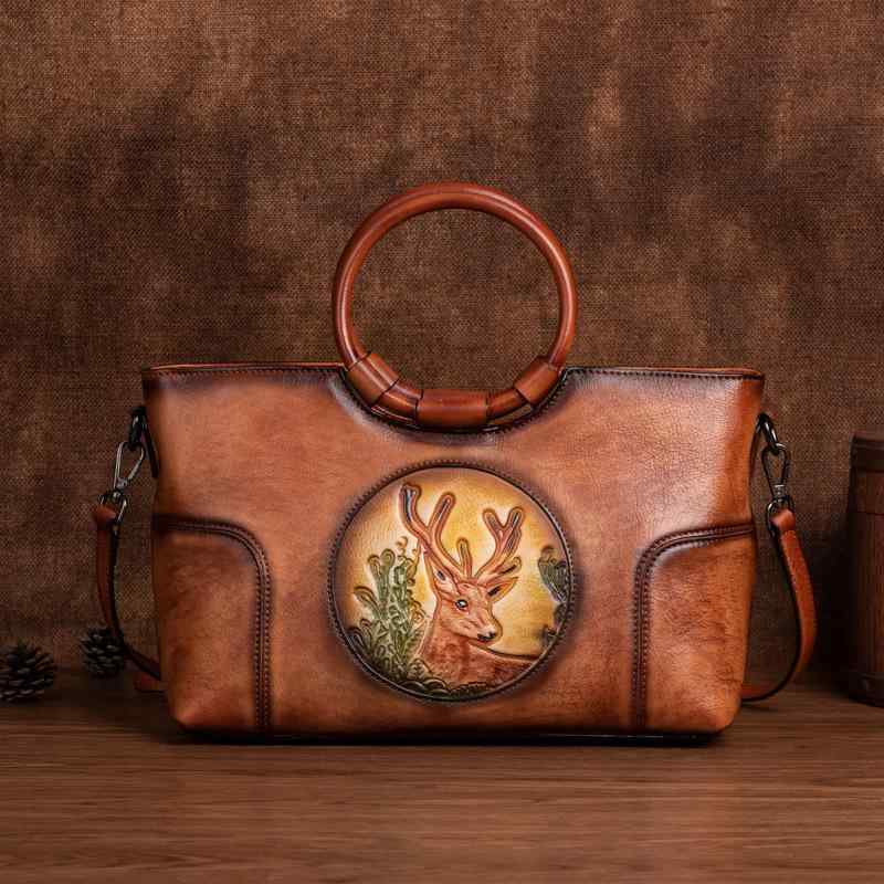 バッグ レディース 牛革 本革 レトロ調 鹿型押し ハンドバッグ ショルダーバッグ 斜め掛け スクエア型 ファスナー開閉 多機能ポケット 収納力 デイリーユース ブラウン系 ブラック系
