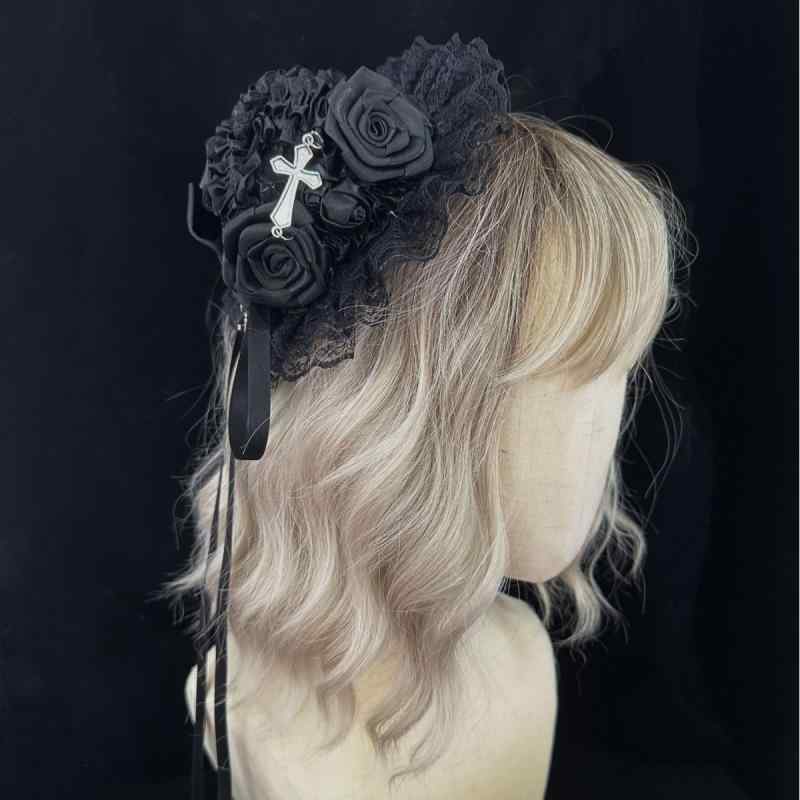 ミニハット ヘッドドレス ゴシックロリータ 黒色 レース 十字架 礼帽風 ヘアクリップ サブカルチャー ファッション 個性的 コスプレ小物 仮装
