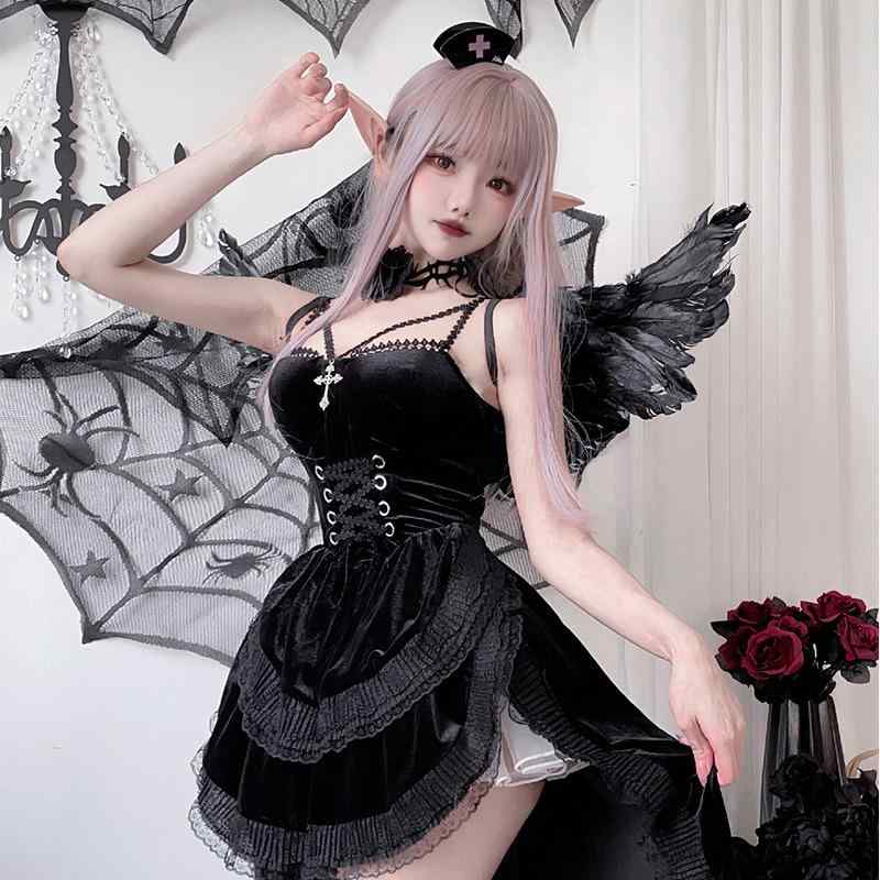コスチューム レディース 大人用 ハロウィン イベント 仮装 欧米風 ダーク ゴシック ドレス ワンピース ブラック 黒 魔女 ウィッチ 吸血鬼 バンパイア ブライダル 舞台 衣装