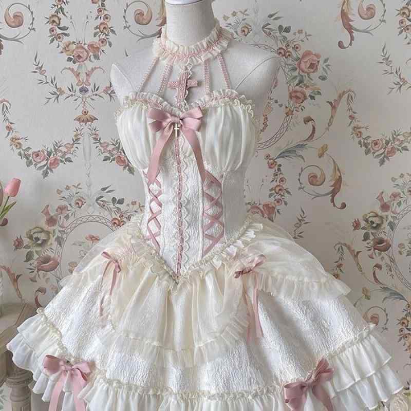 衣装 レディース ゴシック ロリータ うす暗い 差し交わす ホルターネック シュロの葉 妃殿下生産ライン ミニ丈 ノースリーブ ポリエステル 象牙色 秋冬