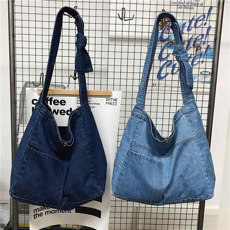 トートバッグ レディース デニム 帆布 レトロ ヴィンテージ 韓国風 ナチュラル リラックススタイル 大容量 ショルダーバッグ 手提げ 肩掛け鞄 横型 スクエア ソフト マグネット開閉 普段使い 通勤 ダークブルー ブラック ライトブルー