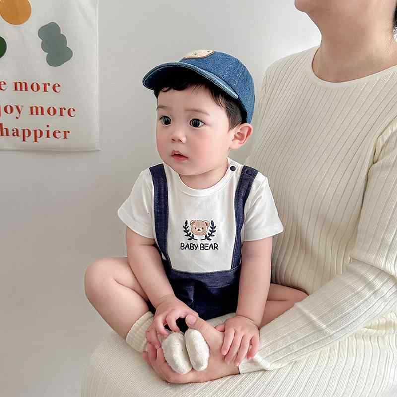ロンパース 男の子 ベビー 半袖 カバーオール サロペット風 フェイクツーピース 重ね着風 綿 コットン 薄手 刺繍 くま 春夏 ネイビー 普段使い お出かけ 新生児服