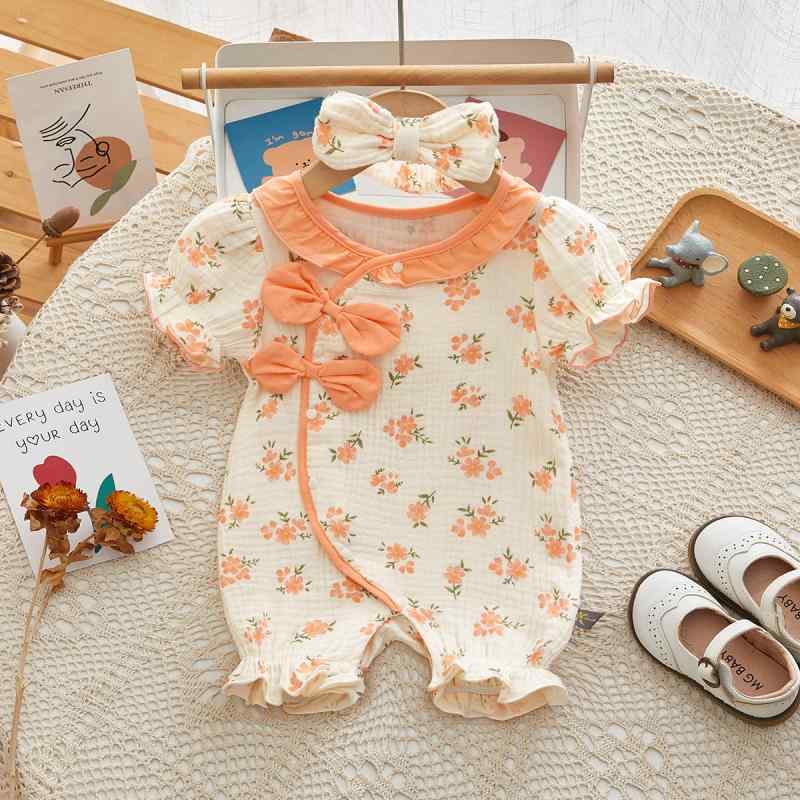 ロンパース 女の子 ベビー 夏 薄手 小花柄 半袖 綿 コットン やわらか プルオーバー 新生児 赤ちゃん カバーオール カジュアル 普段着 アプリコットカラー 韓国風