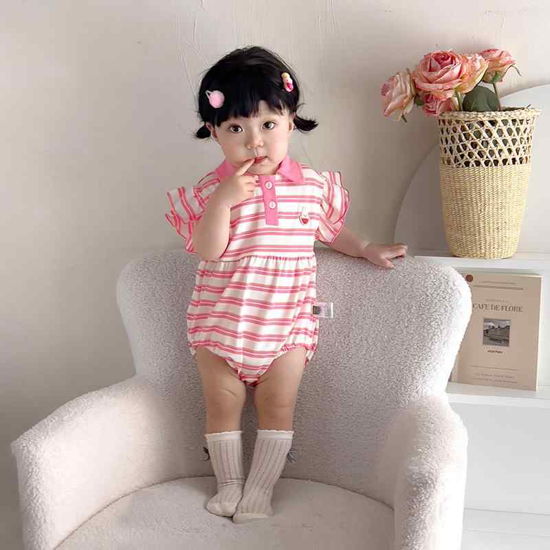ロンパース 女の子 ベビー服 新生児 薄手 コットン ストライプ柄 襟付き 半袖 ポロシャツ風 韓国風 春夏 ピンク カジュアル カバーオール 赤ちゃん服 ルームウェア おでかけ着