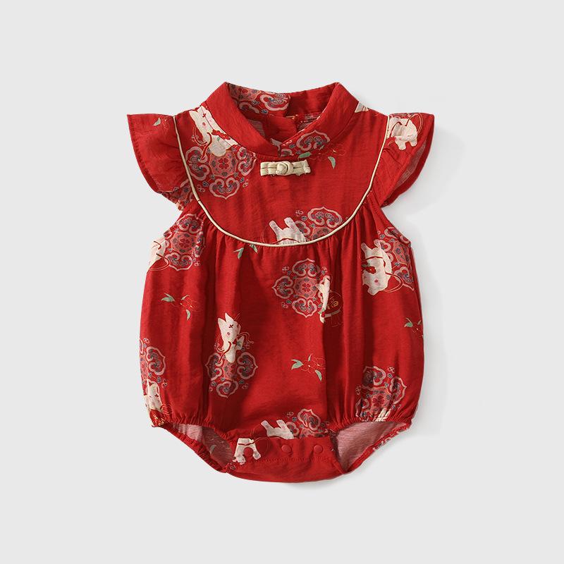 ロンパース 女の子 ベビー カバーオール 赤ちゃん服 夏 半袖 薄手 中国風 中華風 レッド 新生児 満月 100日 1歳 誕生日 お祝い セレモニー フォーマルドレス イベント 記念撮影 レーヨン素材