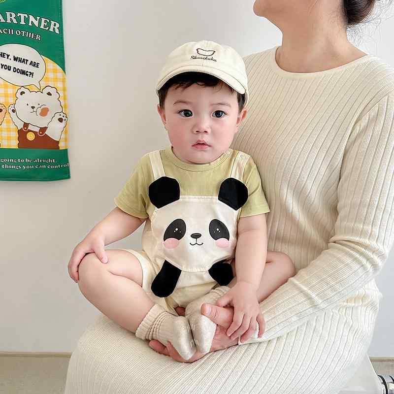 ベビー ロンパース 男の子 新生児 赤ちゃん パンダ柄 半袖 薄手 涼しい 綿 コットン 通気性 夏物 グリーン カバーオール オールインワン