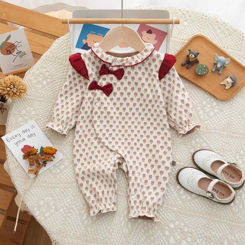 ベビー ロンパース 女の子 カバーオール 新生児服 春秋 長袖 ポリエステル素材 赤 リボン スウィート かわいい 斜めボタン開き 普段着 0歳から1歳向け 快適