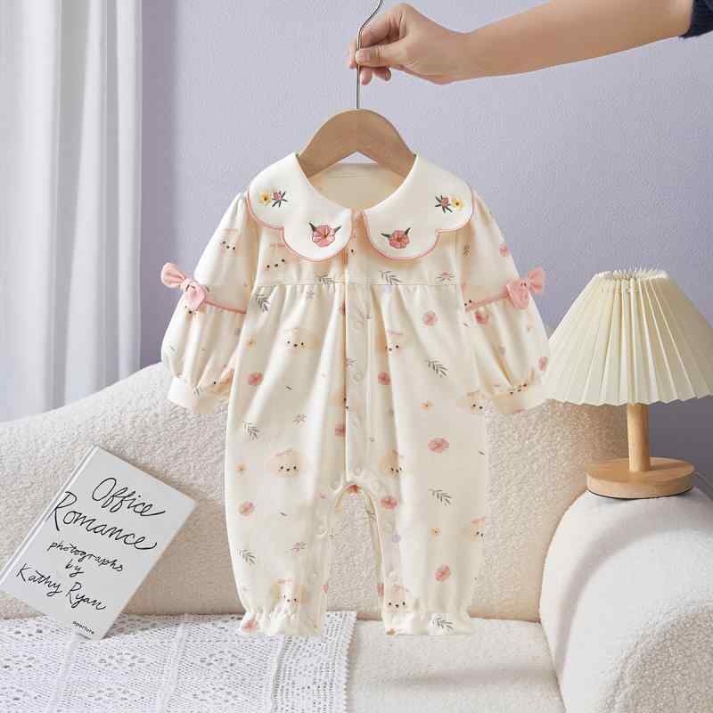 ロンパース 女の子 新生児 ベビー 乳児 春秋 小花柄 フローラル 前開き ボタン 韓国風 長袖 綿 コットン 柔らかい 肌に優しい アプリコット カバーオール 普段使い デイリー 部屋着