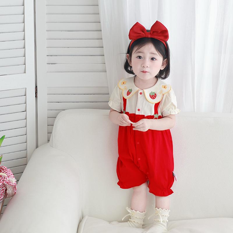 ロンパース ベビー 新生児 女の子 半袖 薄手 春夏 綿 コットン 前開き 赤ちゃん服 出産祝い 退院着 お宮参り 通気性 柔らかい 肌に優しい レッド 軽量 カジュアル