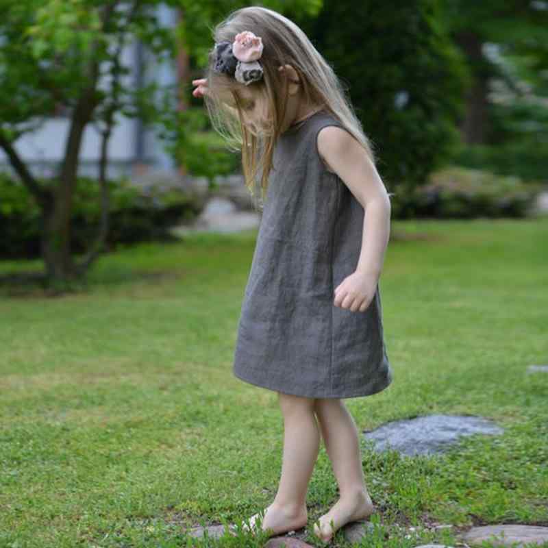 ワンピース キッズ 女の子 麻 綿 ノースリーブ クルーネック 無地 Aライン かわいい カジュアル 普段使い 快適 肌触り柔らか 春夏 ブルー グレー
