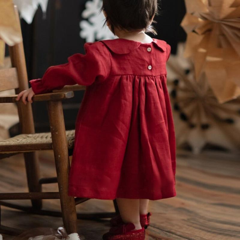 キッズ ワンピース 女の子 女児 ベビー 赤 コーデュロイ プリンセスドレス かわいい 綿 コットン ドールカラー 襟 長袖 春秋 フォーマル お出かけ