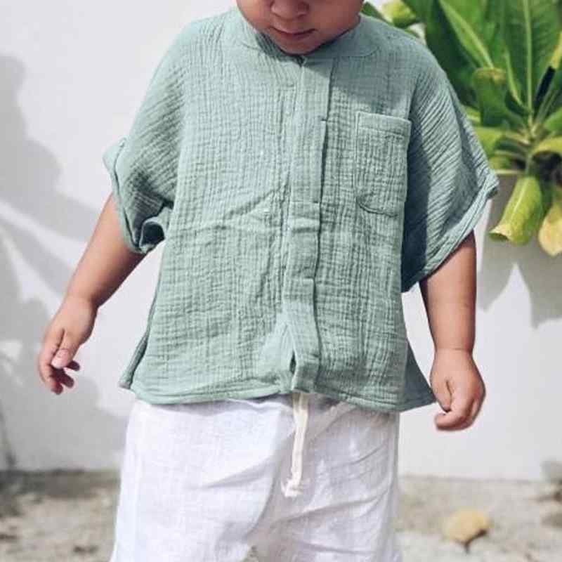 シャツ キッズ 男の子 女の子 ベビー服 純綿 コットン 綿100% 二重ガーゼ 半袖 トップス ブラウス カジュアル 春夏 普段使い おでかけ 無地 ラウンドネック しわ加工 かわいい 吸湿速乾 通気性 肌に優しい 子供服