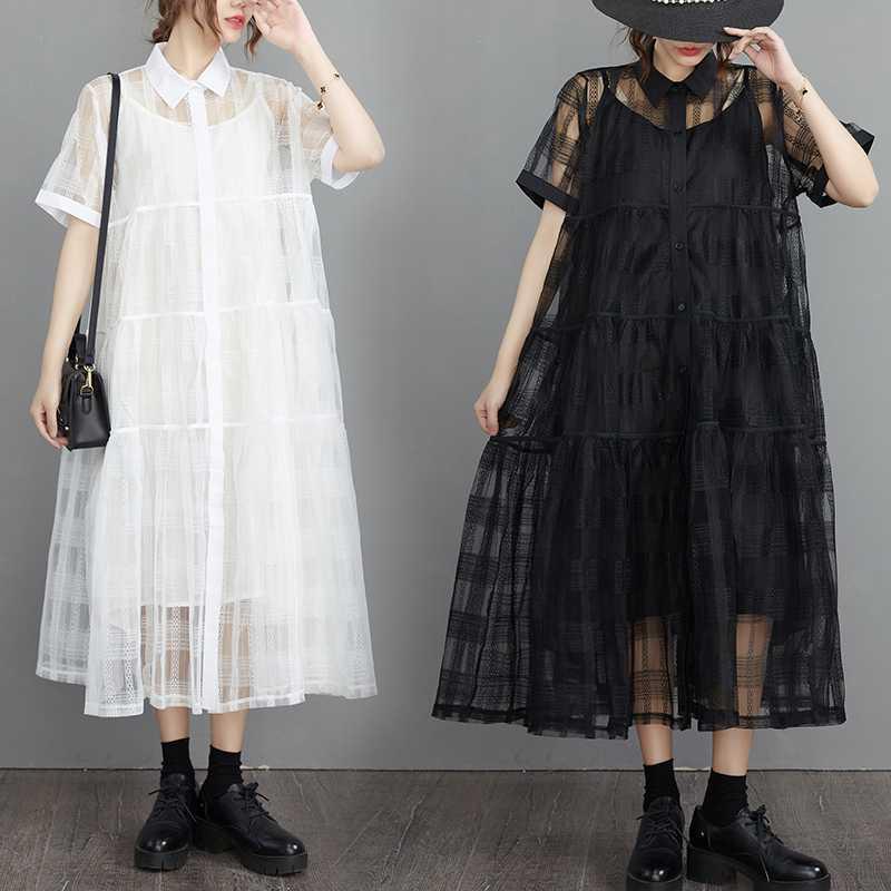 ワンピース レディース ツーピース セット キャミソール付き ポロ襟 オーガンジー 切り替え ギャザー ロング丈 Aライン ゆったり ルーズフィット ビッグサイズ 綿 麻 秋冬 カジュアル 無地