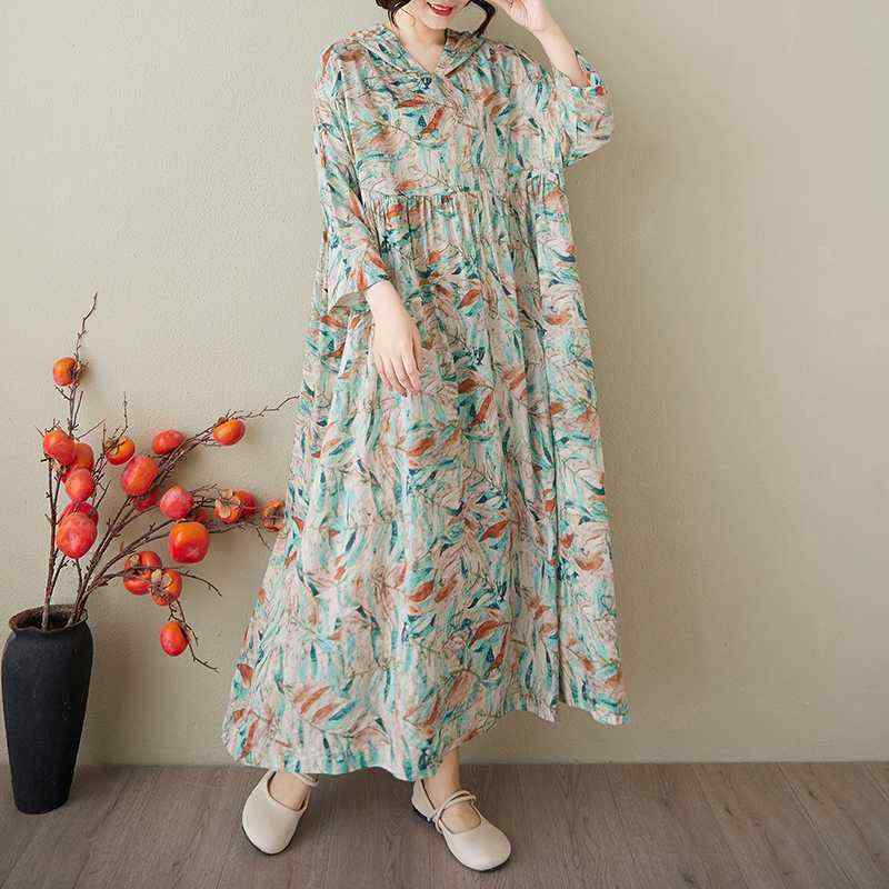 ロングワンピース レディース 春夏 レトロ 個性的 フェミニン 高級感 綿麻 フード付き 花柄 Aライン 九分袖 大きいサイズ ゆったり カジュアル 緑 リーフ柄