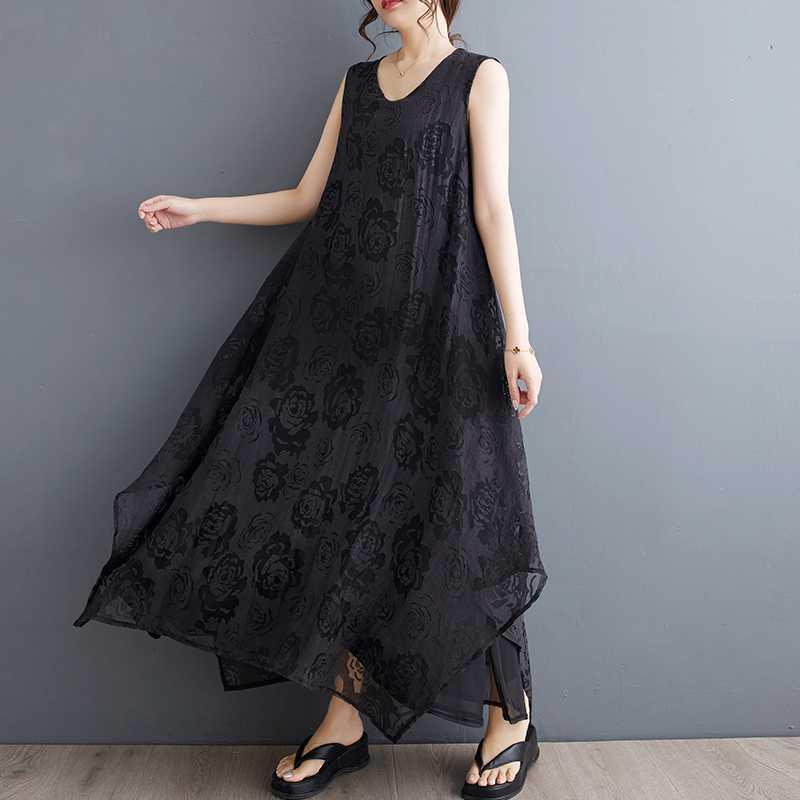 ワンピース レディース 春夏 ゆったり ルーズ ナチュラル アシンメトリー ミディ丈 ノースリーブ 麻 透かし編み 花柄 フラワーデザイン レイヤード風 カジュアル リラックス ストリート