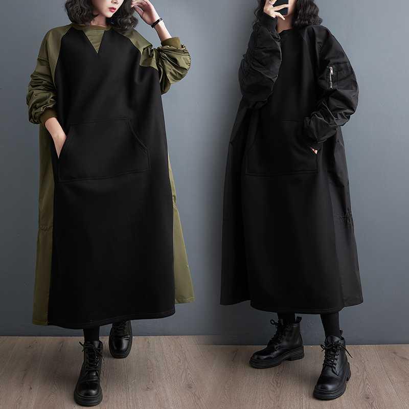 レディース ワンピース 秋冬 韓国ファッション 個性的 配色 切り替え デザイン プリーツ ゆったり ロング丈 着痩せ 体型カバー 綿麻 カジュアル リラックス