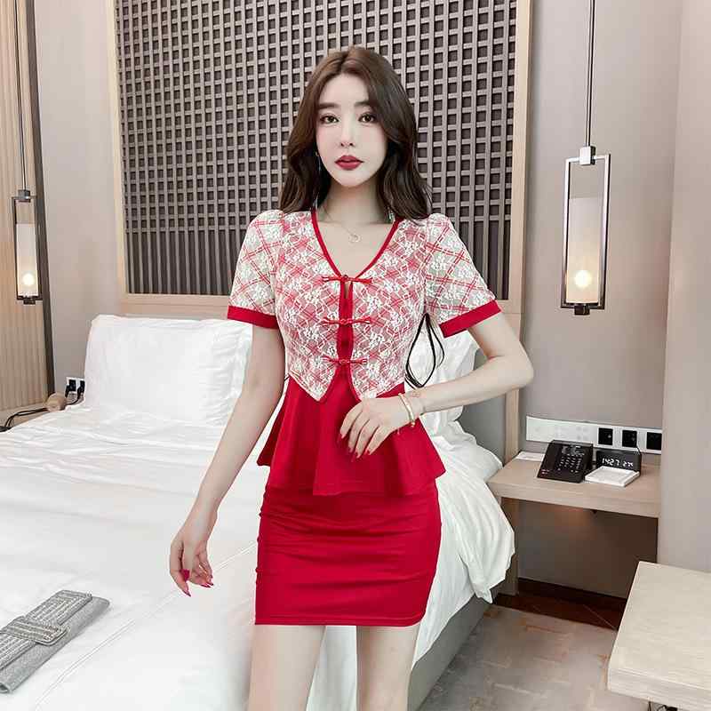 業務服 レディース エステ 美容院 マッサージ サウナ 施術服 Vネック 半袖 ローカット ヒップラップ ミニスカート セットアップ 吸湿速乾 伸縮性 ポリエステル 春夏秋 レッド ブラック