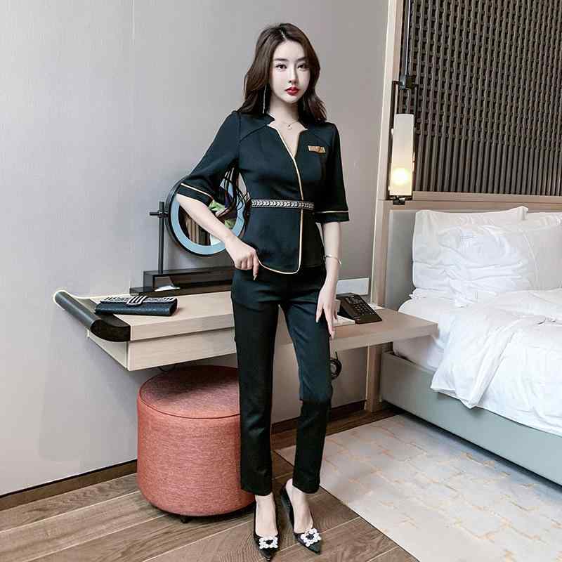 ユニフォーム レディース 女性用 フットマッサージ エステサロン 美容院 施術着 エレガント セットアップ 上下セット 半袖 Vネック スリムフィット 吸湿速乾 ポリエステル ストレッチ 春夏秋 ブラック