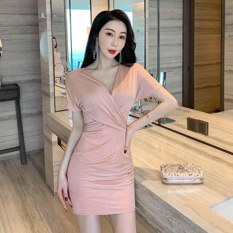 ワンピース レディース セクシー ローカット Vネック 半袖 ミニ丈 タイト 薄手 キャバドレス ナイトドレス ホステス ユニフォーム 制服 着痩せ エレガント デザイン ギャザー 春夏秋