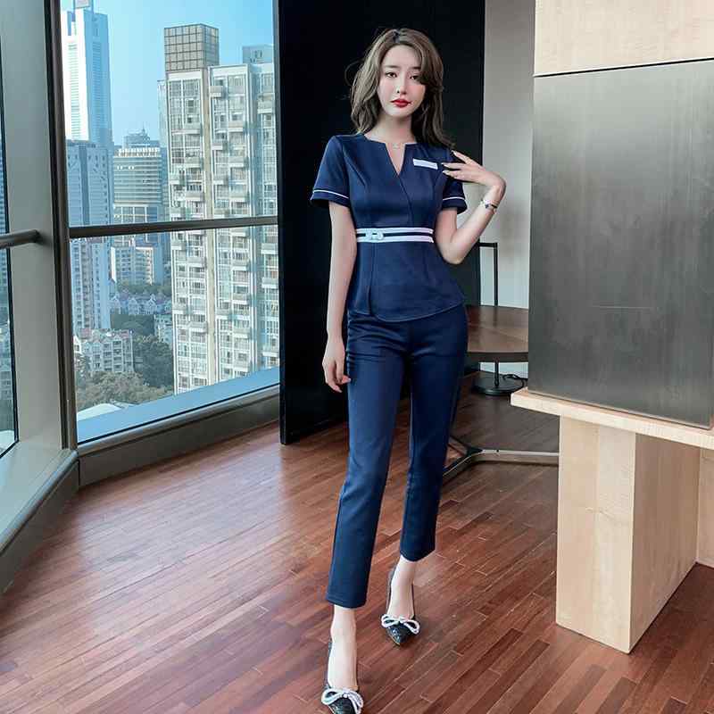 セットアップ レディース 女性用 エステ サロン 美容院 マッサージ スパ リラクゼーション 整体 ユニフォーム 作業服 スリム 細見え 体型カバー 吸湿速乾 ツーピース ポリエステル スパンデックス 春夏 紺色 ネイビー 白 ホワイト