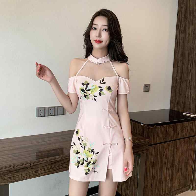 ワンピース レディース チャイナドレス 中国風 スリムフィット 着痩せ 制服 ユニフォーム エステ 美容院 ワークウェア Vネック 半袖 ショート丈 ポリエステル スパンデックス メッシュ 春夏 黒 ピンク
