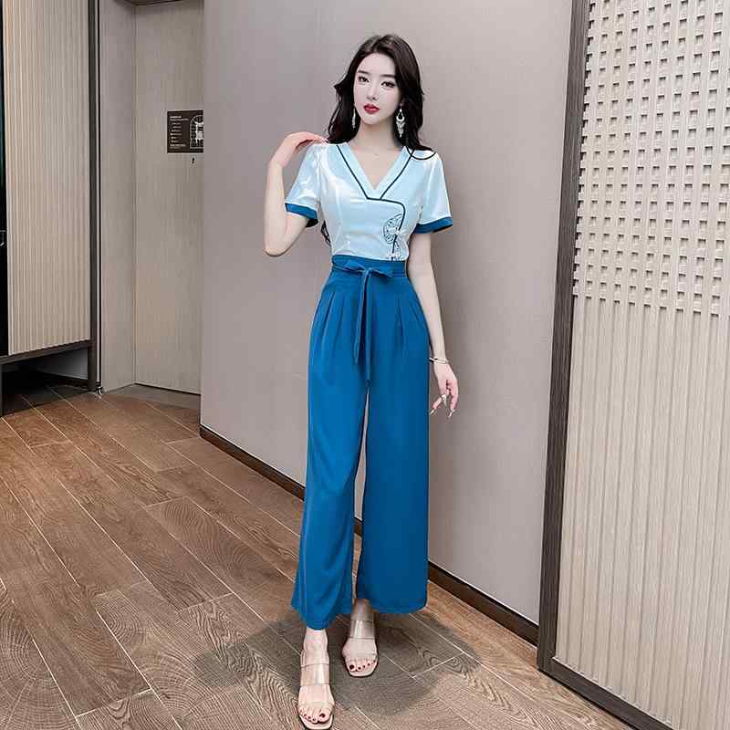 制服 レディース エステ サロン マッサージ 美容師 リラクゼーション ユニフォーム セットアップ Vネック フリル袖 半袖 吸湿速乾 スリムフィット スタイリッシュ ポリエステル ポリウレタン 春夏秋 ターコイズブルー|花りぼん